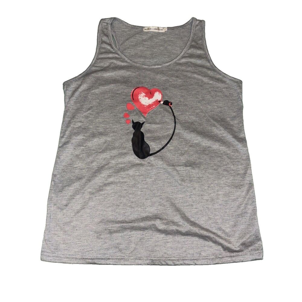 Ou Chun Liang Dian Cat Drawing Heart Graphic Grey Tank Top XL (fits Like MEDIUM)